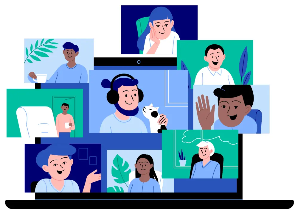 A number of different people meeting on an online screen signifying the online meditation group.